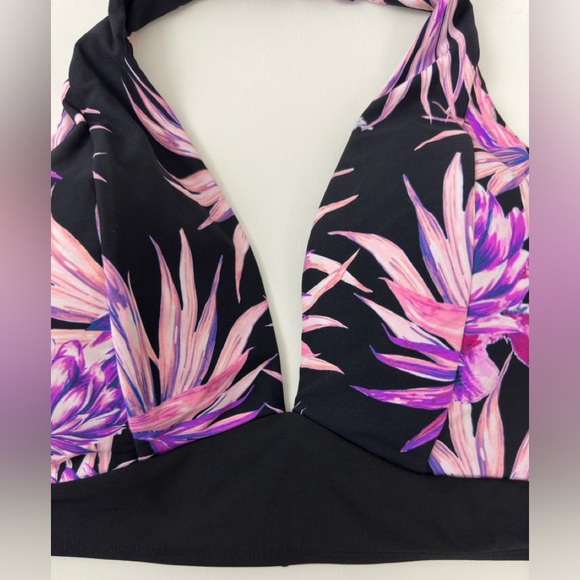CALIA  Black with Purple Tropical Print Plunging V Neck Halter Swimsuit … - Picture 2 of 9